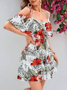 SHEIN VCAY 熱帶印花露肩背心連身裙，完美適用於夏季度假、海灘和約會之夜 - 紅色 - 查看 3