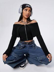 SHEIN EZwear Distressed Off Shoulder Zipper Front Cardigan - Black - View 7