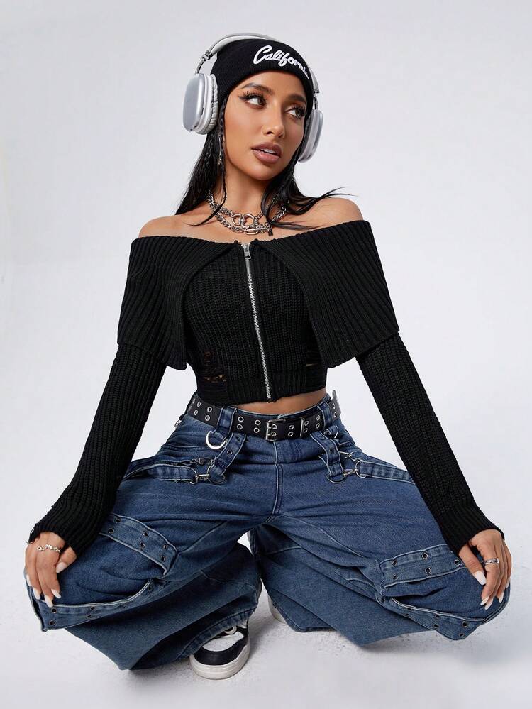 Distressed Off Shoulder Zipper Front Cardigan