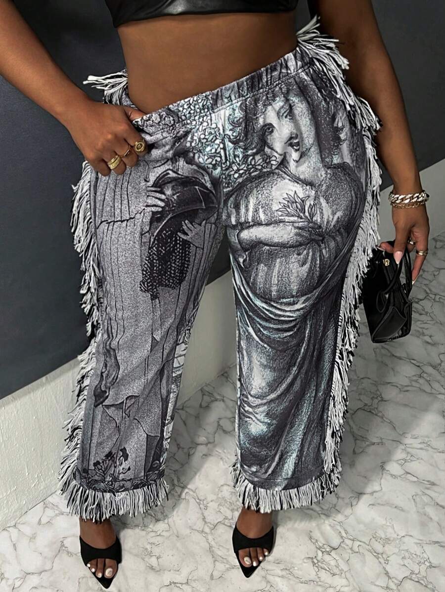 Slaydiva Talla grande Pantalones deportivos con estampado de figura ribete con fleco - Gris - Ver 1
