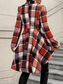 SHEIN LUNE 女式格紋不對稱下擺羊毛外套 - 咖啡棕 - 查看 2