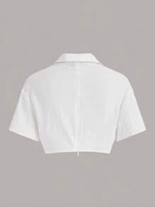 SHEIN EZwear Summer Going Out Tweaking In The Front Flap Pocket Drop Shoulder Crop White Shirt,Short Sleeve Tops