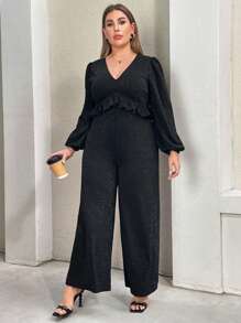 SHEIN Privé Plus Size Spring And Summer Clothing New Style Shiny Fabric Party Elegant Ruffled Long Sleeve Wide Leg Jumpsuit - Black - View 3