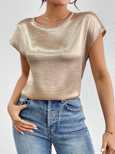 Firerie Blusa de unicolor de satén con mangas tipo murciélago, cuello redondo y plisada, blusas de manga corta para mujer