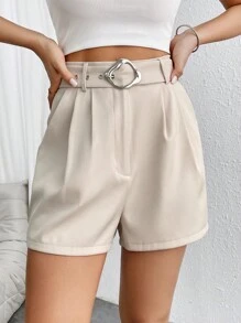 SHEIN Privé Xếp nếp Thắt lưng Quần short chân rộng - trắng - Xem 2