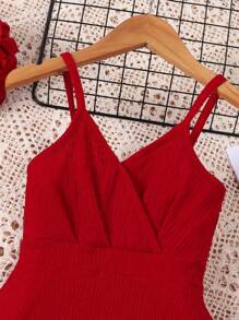 SHEIN 年轻女孩新款红色沙滩裙，V 领 A 字中长连衣裙，细肩带，夏季 - 紅色 - 查看 5