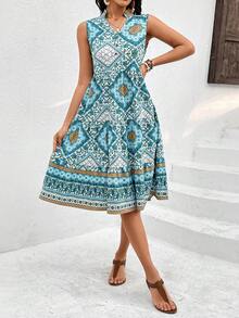 SHEIN Frenchy 女士無袖凸口領裙,全身印花 - 彩色 - 查看 3