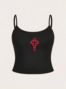 SHEIN EZwear 女士大尺寸心型印花緊身短版吊帶背心和背心上衣 - 黑色 - 查看 1