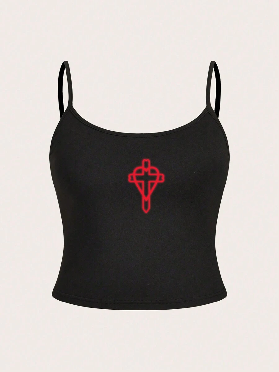 SHEIN EZwear 女士大尺寸心型印花緊身短版吊帶背心和背心上衣 - 黑色 - 查看 1