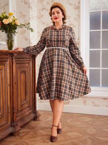 SHEIN DECDS 加大尺碼格子連衣裙復古服裝長袖單件裝 - 彩色 - 查看 1