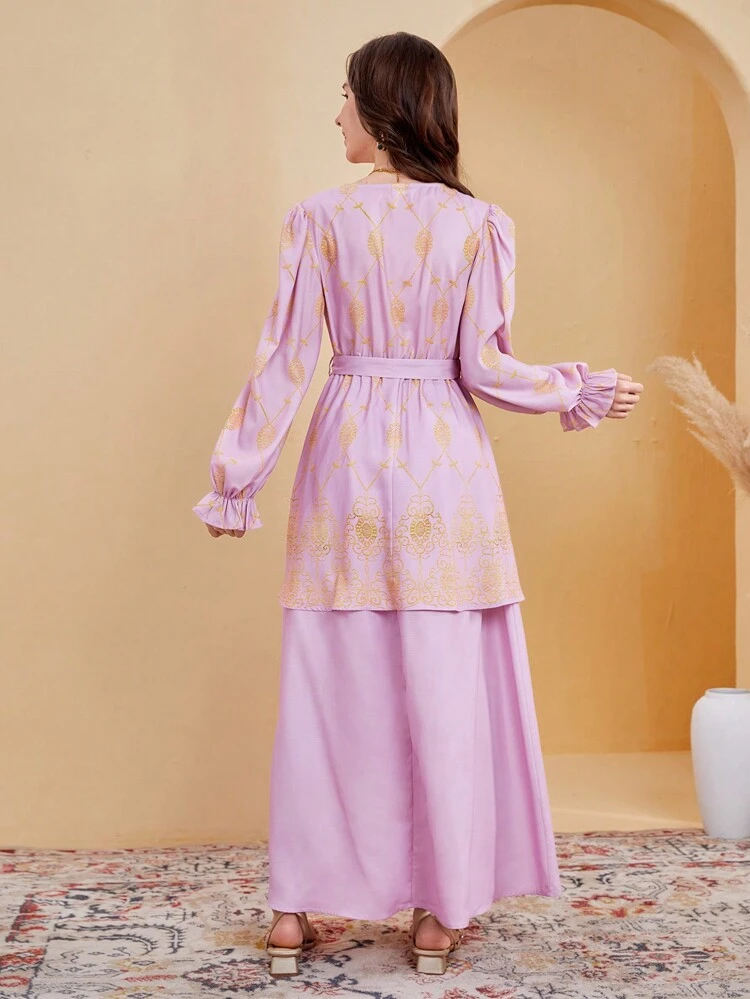 Teen Girls' Woven Wrap Style Printed Shirt And A-Line Skirt, 2pcs/Set