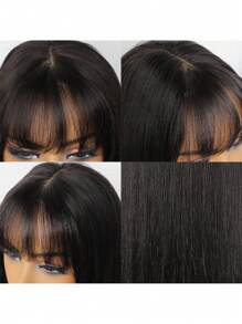 Wear&Go Glueless Pre-Haircut Natural Black Straight Remy Human Hair Pre Cut Glueless 4x4 Transparent Lace Closure Wig With Face Framing Fringe Air Bangs - Natural Black - View 7