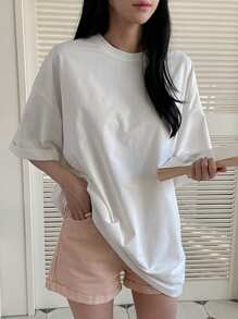 DAZY Áo thun nữ cổ tròn màu trơn siêu rộng cỡ lớn - trắng - Xem 5