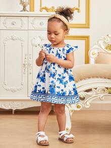 Vestido de manga corta y línea A con estampado floral azul para bebé niña - Azul - Ver 5