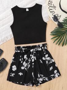 SHEIN Thiếu niên cô gái Cơ bản Áo ba lỗ Áo Với Xù Hoa Sen & In hoa Bộ quần short Với Buộc Thắt lưng - màu đen - Xem 5