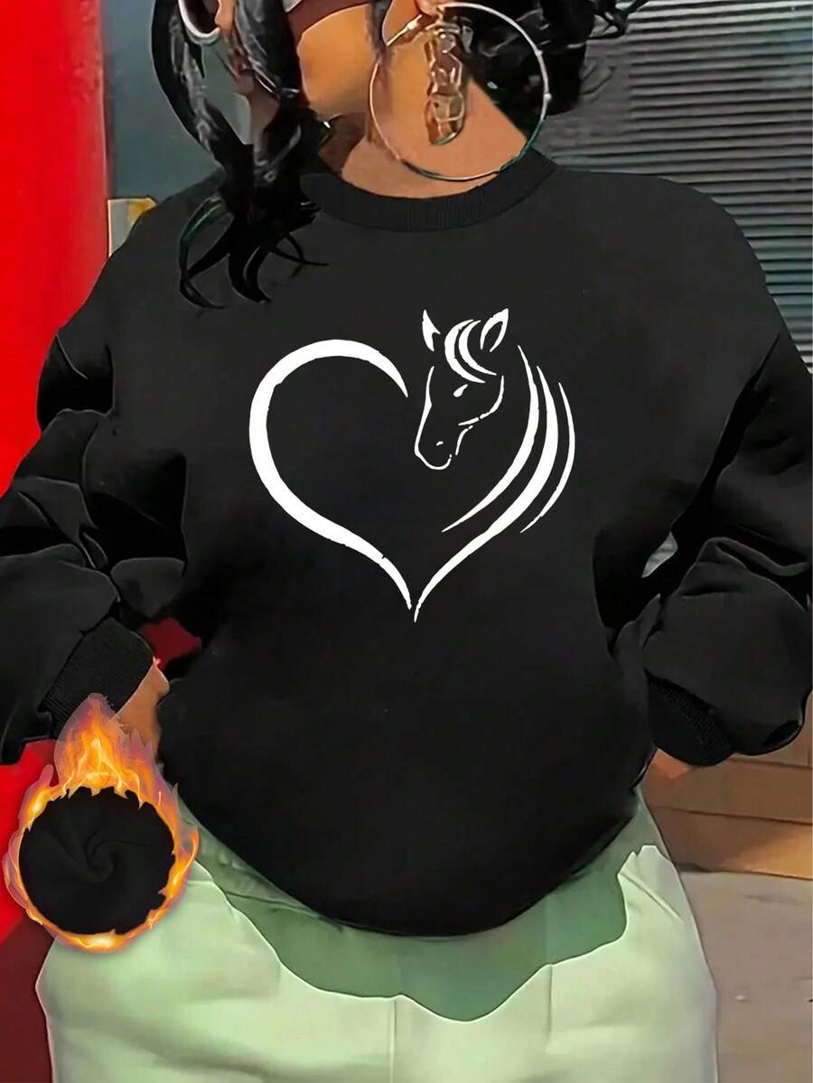 INAWLY Heart & Animal Patterned Fleece Sweatshirt - Black - View 1