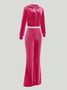 INAWLY 女士水晶裝飾字母拉鍊運動帽衫和褲套裝 - 粉色 - 查看 3