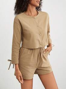 Ocili Leisure Natural Women's Tie Knot Cuff Long Sleeve Top And Shorts Casual Outfit Set-Khaki - Khaki - View 3