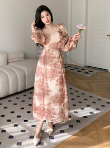 DAZY Printed Soft Style Square Neckline Dress,Ruffle,Fall Dress Long Sleeve Dress