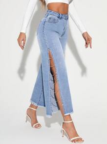 SHEIN Privé Denim Jeans With Rhinestone Chain Decoration, Split Side Hem And Frayed Bottom - Light Wash - View 4