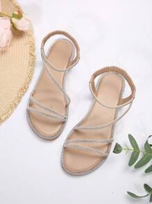 Flat Roman Sandals For Women With Elastic Band And Metal Rhinestone Strap Valentines - Beige - View 5