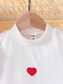 2pcs/Set Tween Girls' Heart Applique T-Shirt With Bow Decorated Skirt - Red - View 6