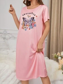 女士花卉、蝴蝶和字母印花睡衣裙 - 粉色 - 查看 3