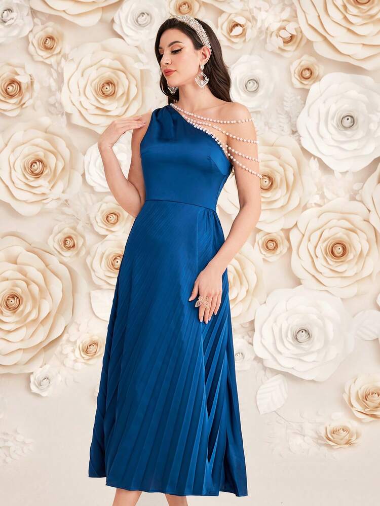 Women'S Sleeveless Dress With Faux Pearl Decor,Elegant Evening Party Dress Long Evening Dresses