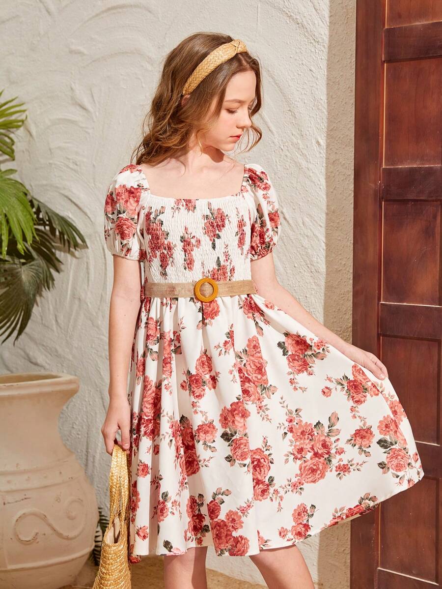 Cô gái Dệt In hoa Hình vuông Đường viền cổ áo Ống tay áo Đầm - Hồng - Xem 1