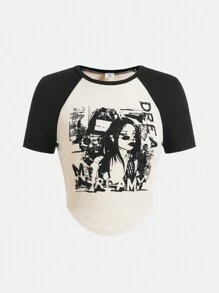 少女肖像印花衛衣和拼接口袋褲 2入組 - 黑色 - 查看 8