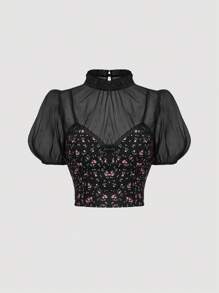 SHEIN MOD 女士网眼撞色泡泡袖花卉衬衫 - 黑色 - 查看 1