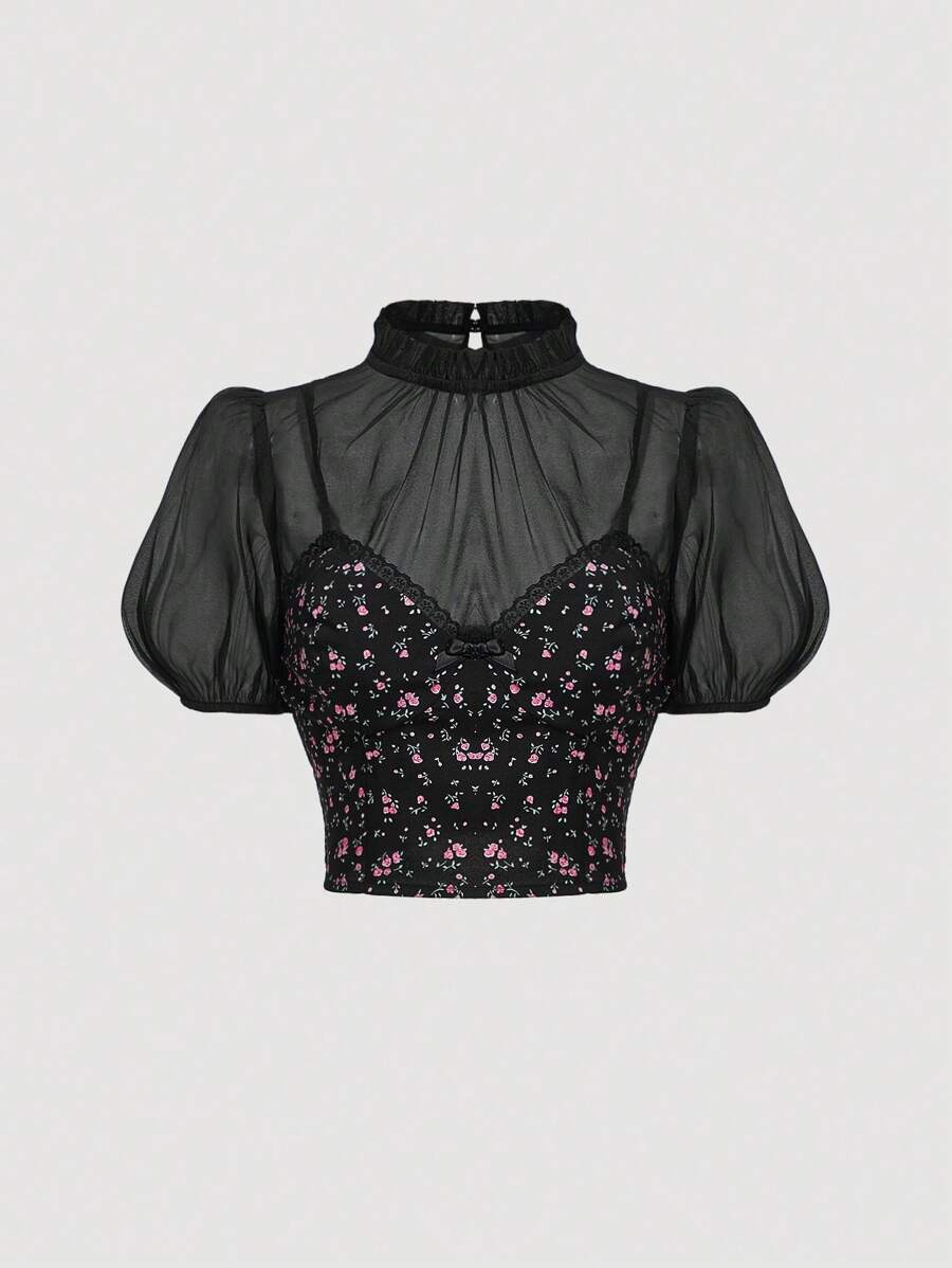 SHEIN MOD 女士网眼撞色泡泡袖花卉衬衫 - 黑色 - 查看 1