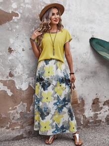EMERY ROSE 女性夏日對比邊飾上衣及花卉印花裙子套裝 - 黃色 - 查看 3