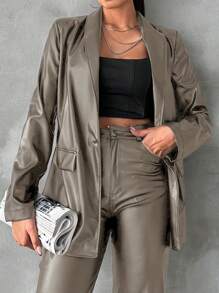 EURMUSE Women'S Pu Single Button Blazer Jacket - Beige - View 5