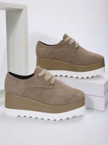 Women's Platform Wedge Heels & Thick Sole Shoes With Square Toe And Snake Print Texture - Khaki - View 1