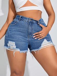 SHEIN SXY Women's Plus Size Vintage Ripped Hole Denim Shorts