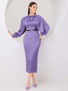 Modelyn 女士纯色开叉袖连衣裙长款晚礼服 - 淺灰紫 - 查看 5