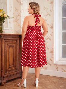 Vintamour Vintage Elegant Plus Size Polka Dot V-Neck Bow Tie Waist Ruched Flare Dress - Red - View 8