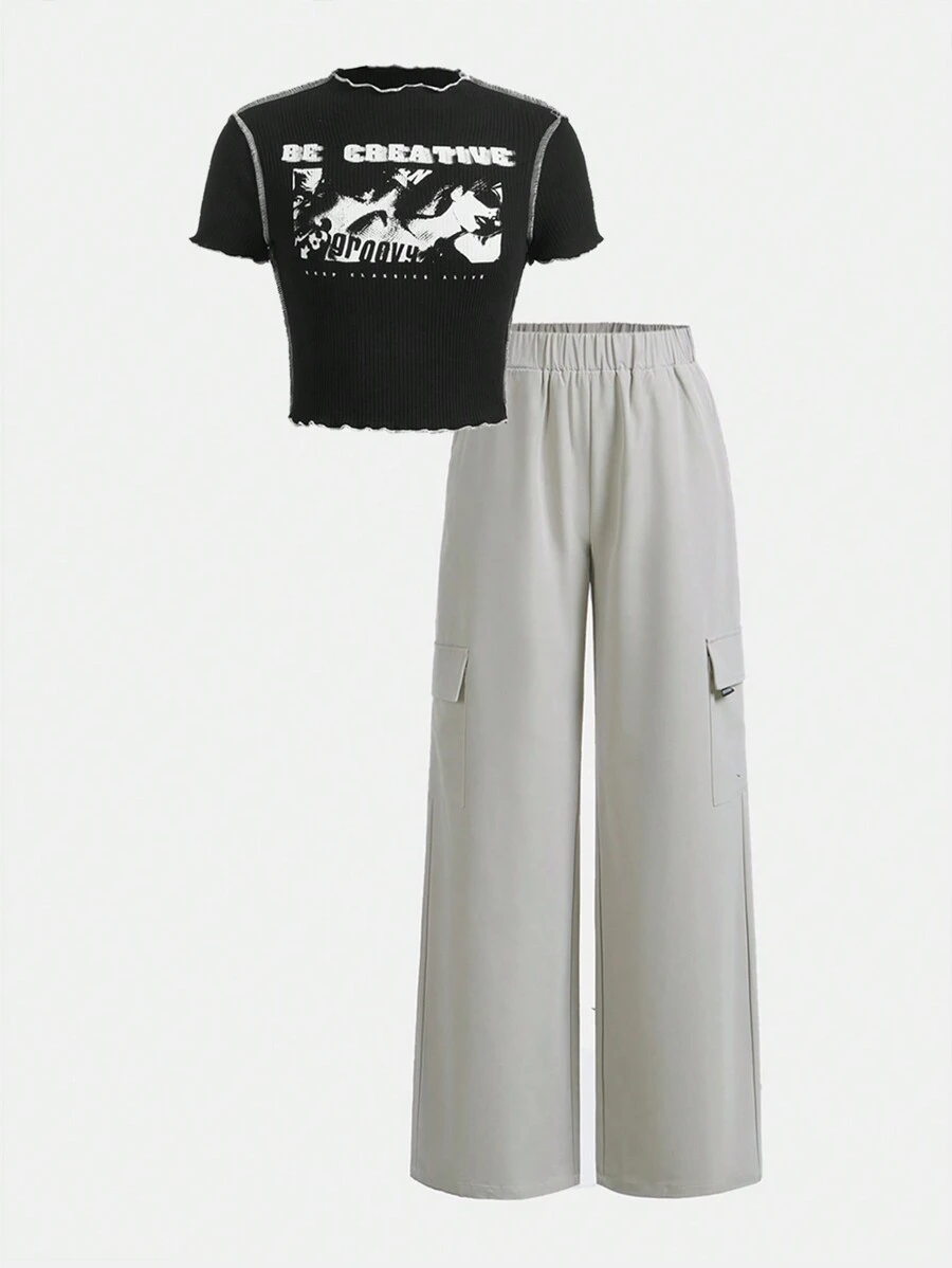 Teen Girl Portrait Pattern Ribbed T-Shirt And Pocket Wide-Leg Pants Two-Piece Set - Multicolor - View 1