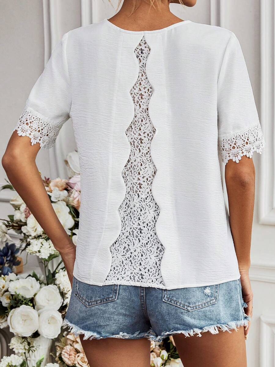 SHEIN Clasi 背部拼接蕾絲及波浪邊設計襯衫 - 白色 - 查看 1