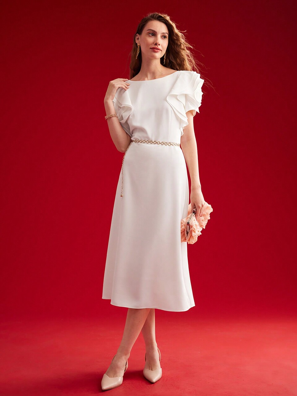 WOMEN'S WOVEN RUFFLE TRIM A-LINE DRESS,VALENTINE'S DAY OUTFIT