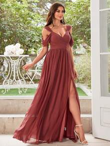 UNITHORSE Open Shoulder Short Sleeve Chiffon Bridesmaid Dress - Redwood - View 6