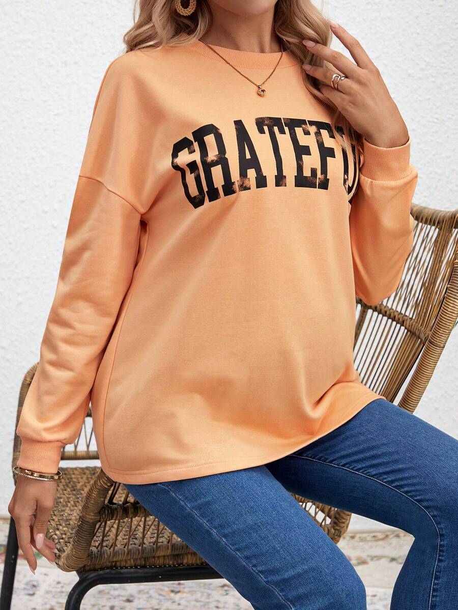 SHEIN Pregnant Women's Drop Shoulder Sweatshirt With Letter Print - Orange - View 1
