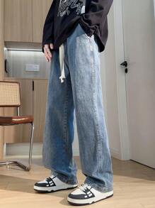 Jeans dritti con vita con cordoncino casual da uomo - Blu - Visualizzare 4