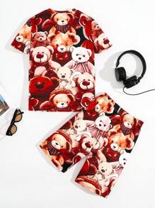 SHEIN Tween Boy Snug Fit Casual Bear Pattern Print Round Neck Short Sleeve Top And Shorts  Knit Pajama Set - Multicolor - View 4