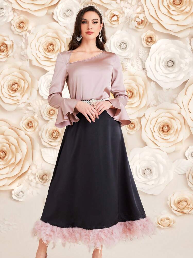 Women'S Asymmetrical Neckline Flare Sleeve Top And Hem Patchwork Skirt Set,Elegant Evening Party Dress 2 Piece Set