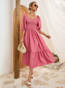 SHEIN VCAY Middle-Sleeved Puff-Sleeved Shirred Chest Dress - Pink - View 1