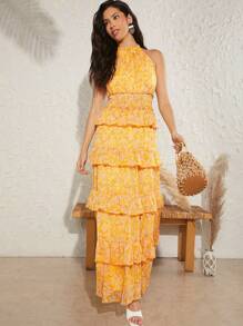 SHEIN Unity Vestido Con Estampado Halter Y Volantes En Capas - Amarillo - Ver 3