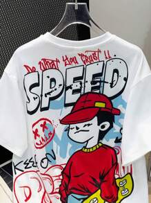 SHEIN 青少年男孩休閒街頭風格字母&臉部印花圓領短袖針織t卹