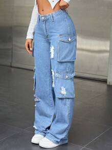 SHEIN ICON Ripped Cargo Denim Jeans - Light Wash - View 4